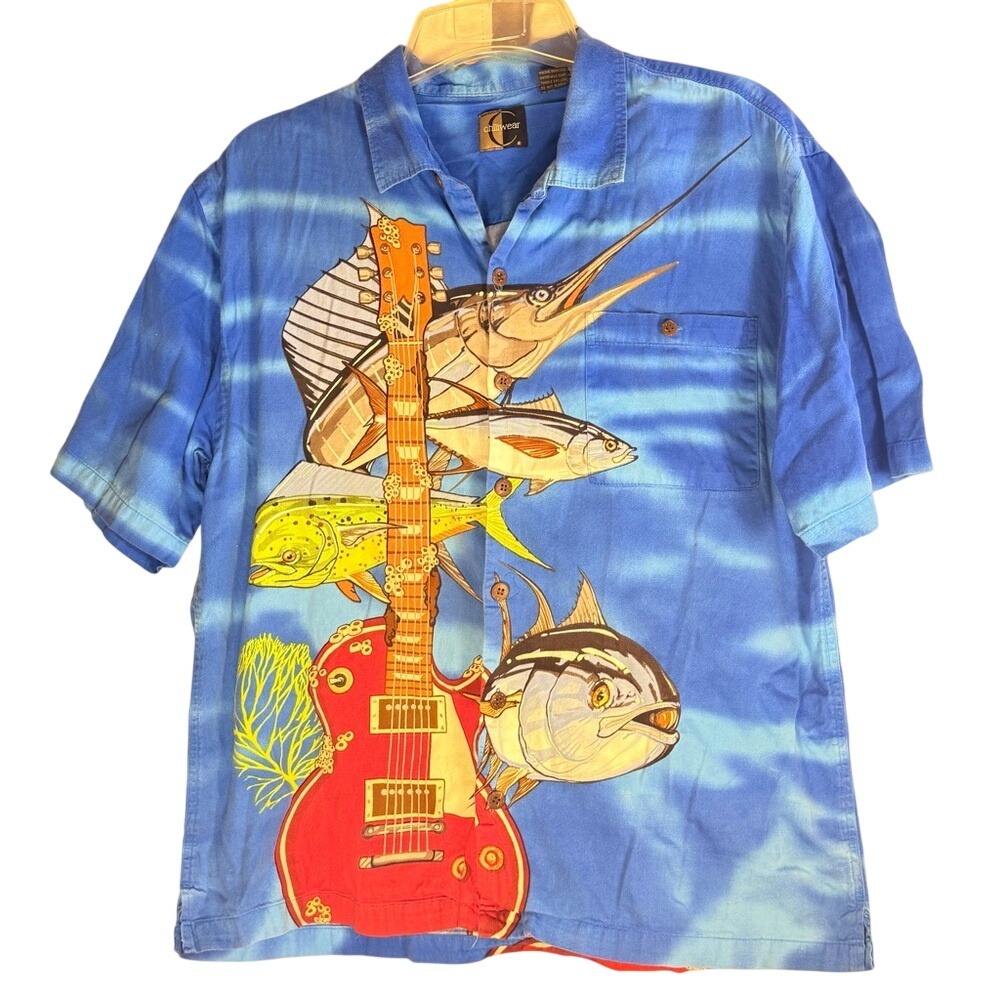 Chiliwear Blue Hawaiian Men's Shirt guitar salt water fish button front Large